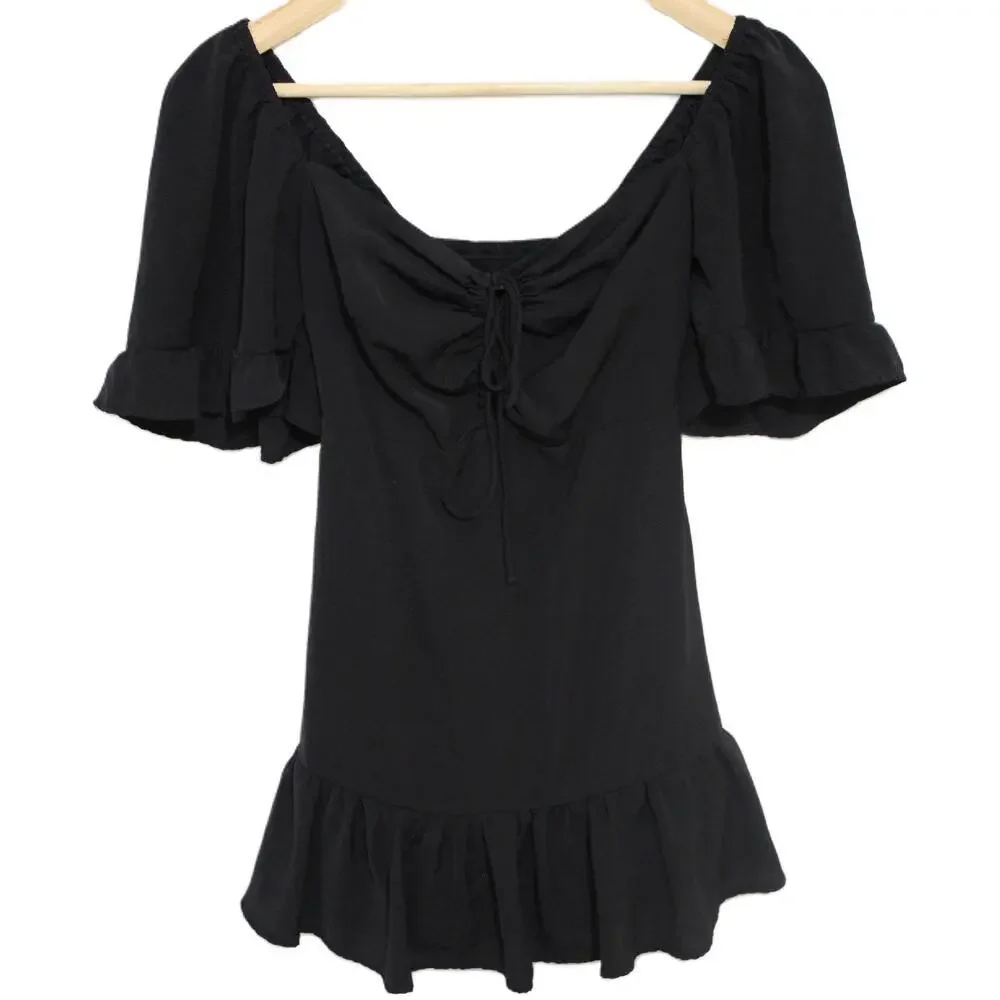 Womens Abercrombie & Fitch Black Mini Puffer Sleeve Ruffle Dress Size XS Petite